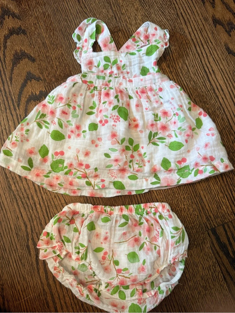 Angel Dear White Floral Dress & Bloomers in Pink and Green